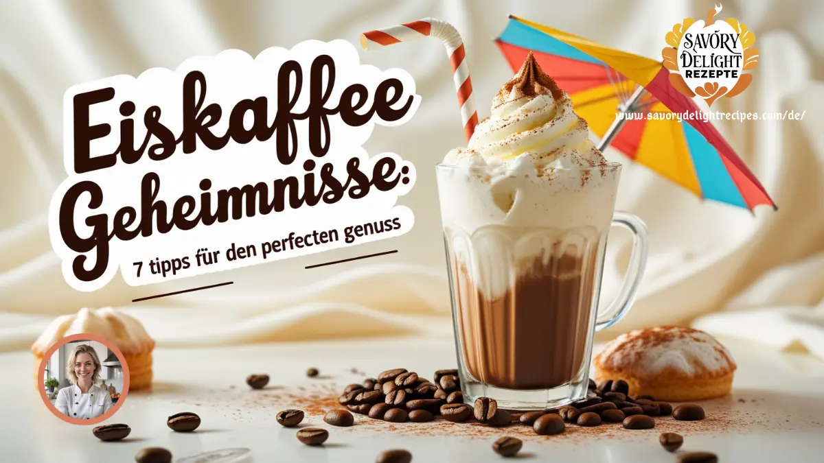 Ein erfrischender Eiskaffee mit Sahne, serviert in einem hohen Glas, dekoriert mit Schokoladenstückchen und Trinkhalm.