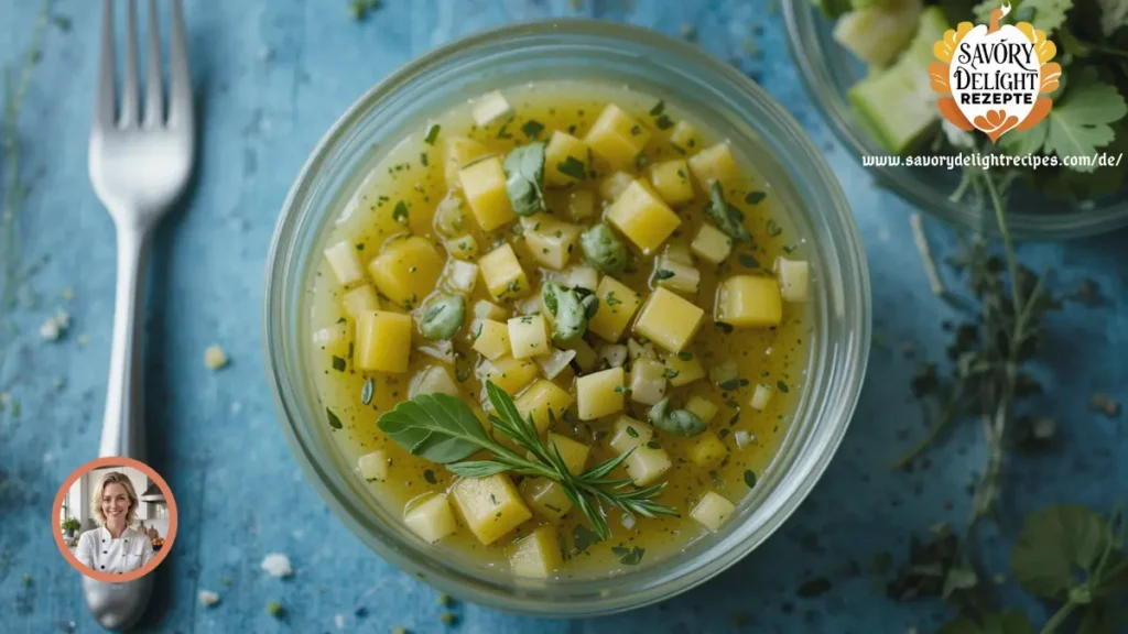Eine Flasche hausgemachte Vinaigrette, umgeben von frischen Salatzutaten wie Blattsalat, Olivenöl und Zitronenscheiben.