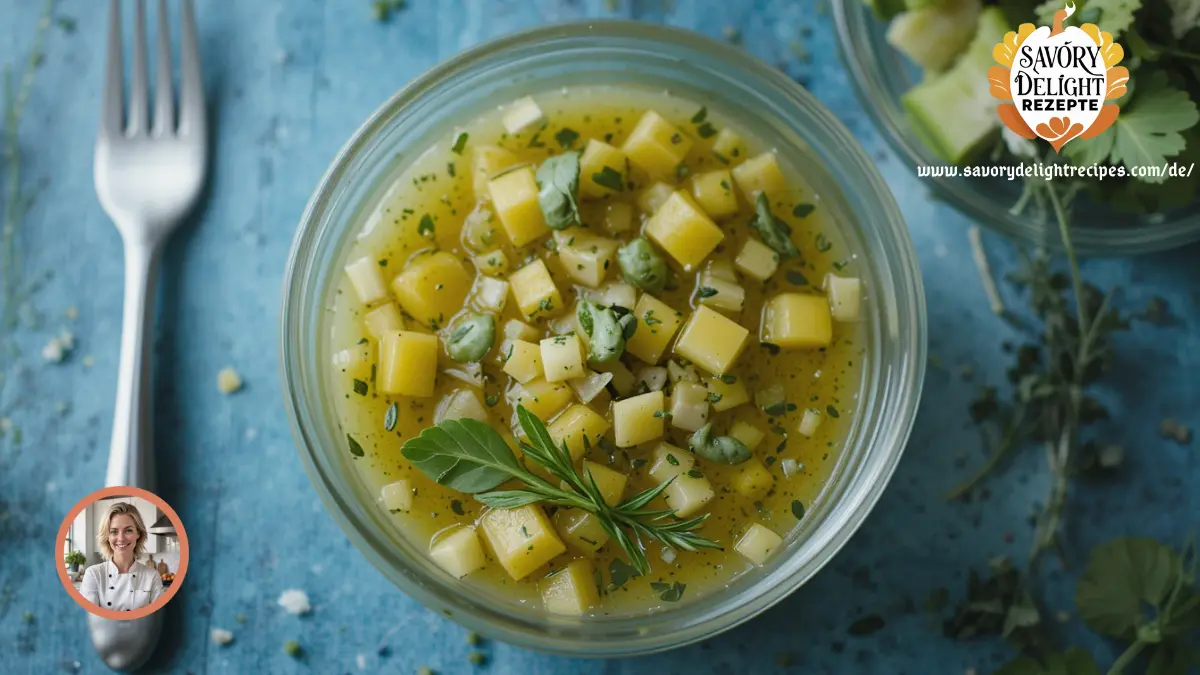 Eine Flasche hausgemachte Vinaigrette, umgeben von frischen Salatzutaten wie Blattsalat, Olivenöl und Zitronenscheiben.