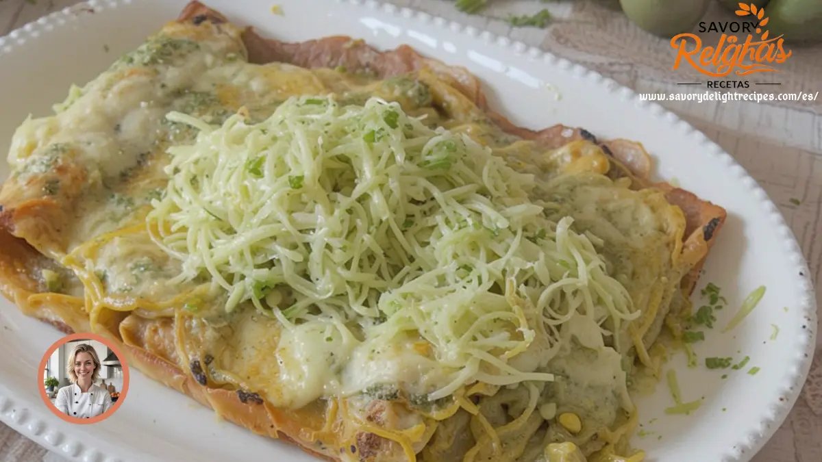recetas 3 Plato de enchiladas verdes cubiertas con queso derretido, crema y cilantro fresco, acompañado de arroz y frijoles.