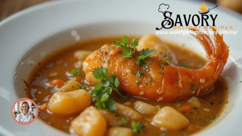 Un plato humeante de caldo de camarón servido en un tazón, acompañado de ingredientes frescos como limón, cilantro y chiles.