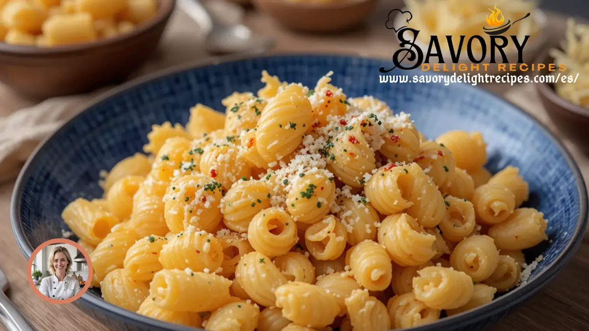 recetas 12 Un plato de macarrones con salsa de tomate, queso derretido y albahaca fresca, servido en un elegante plato blanco.