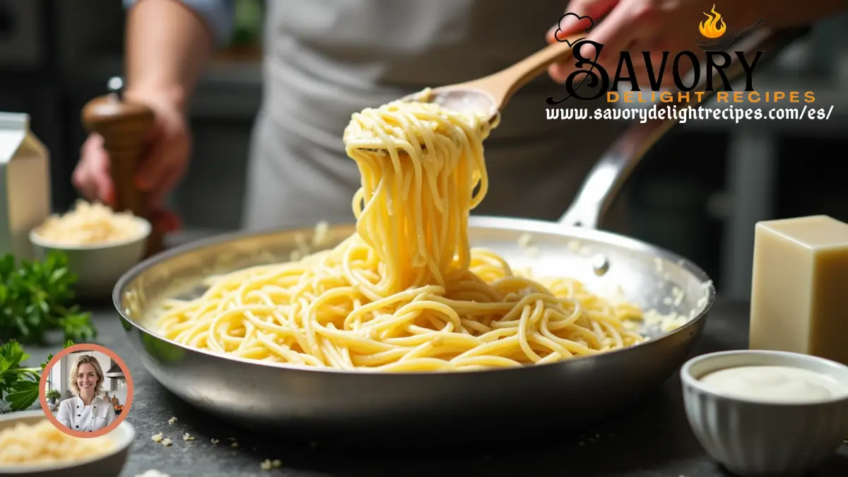 recetas 6 Un plato de espagueti blanco servido en un elegante plato con una salsa cremosa y queso rallado por encima.