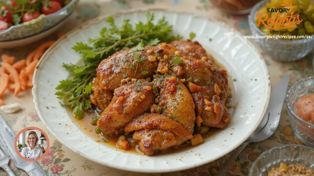 Fotografía de un plato de pollo a la jardinera servido en un plato blanco, acompañado de coloridas verduras como zanahorias, guisantes y papas, con una salsa casera que realza los sabores naturales.