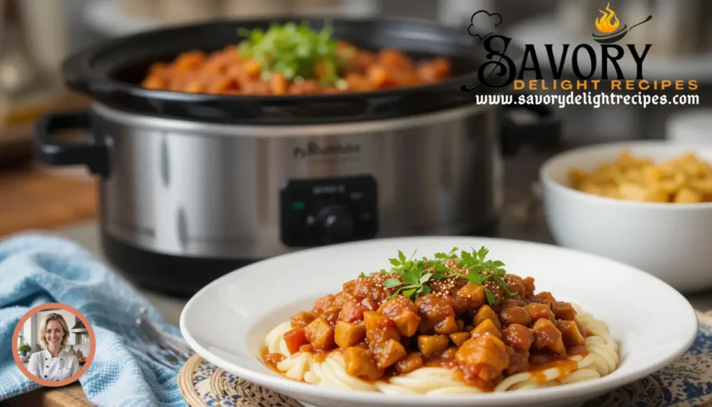 An assortment of easy crockpot meals featuring a slow cooker filled with a hearty stew surrounded by fresh ingredients like vegetables and herbs.