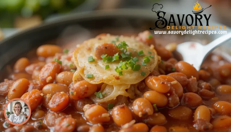 A steaming pot of homemade baked beans with a rich tomato sauce, served in a rustic bowl.