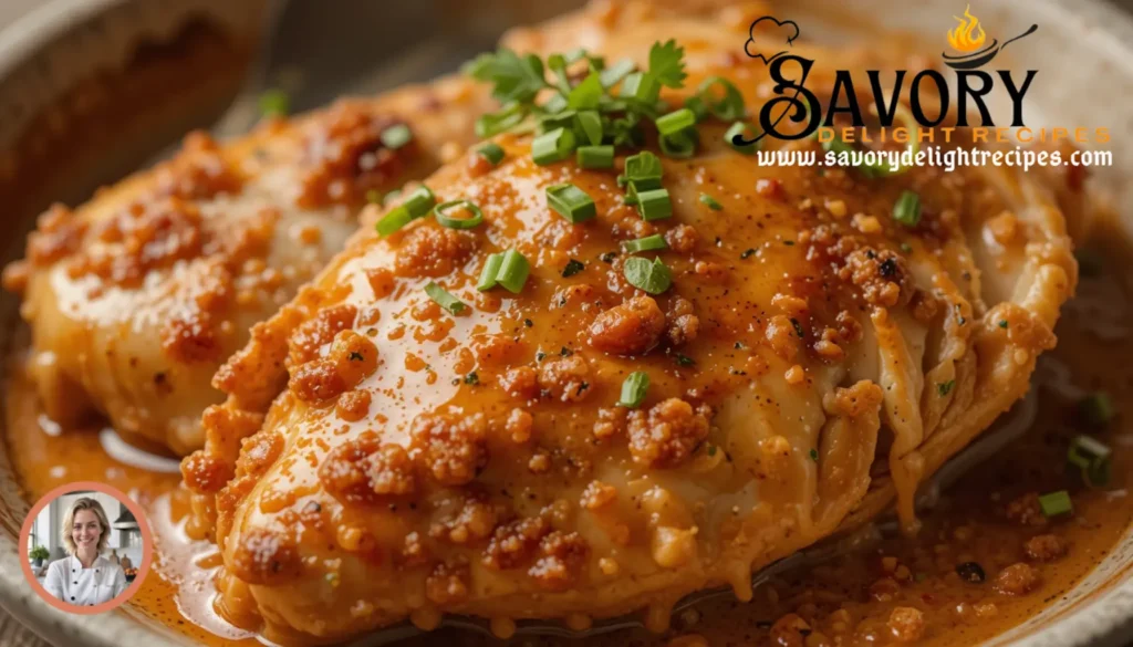 A perfectly cooked melt in your mouth chicken recipe served on a plate with creamy sauce, garnished with fresh herbs.