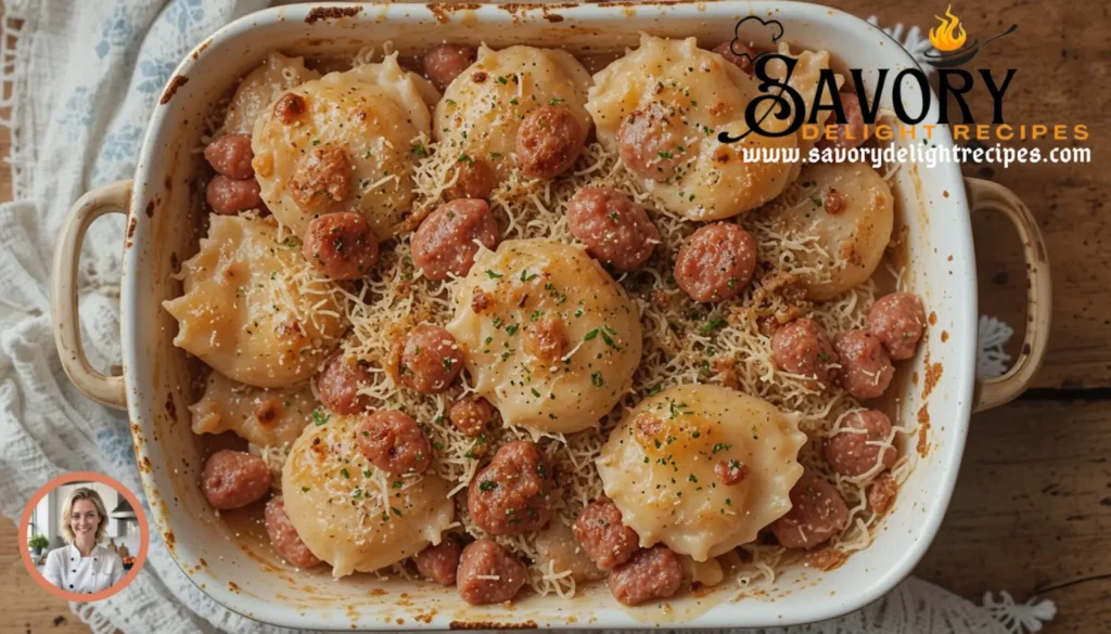 A golden-baked pierogi casserole with kielbasa slices, topped with melted cheese and garnished with fresh parsley.