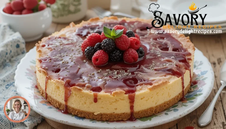 More Detailed: A slice of creamy crescent roll cheesecake topped with fresh berries.