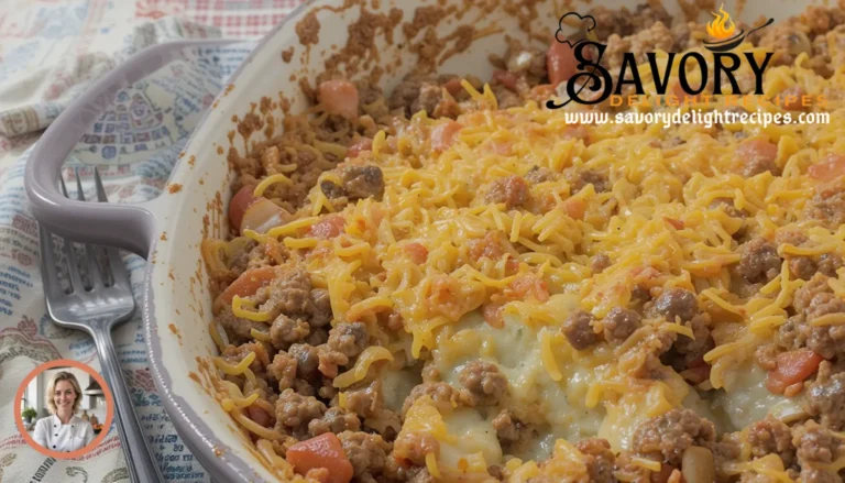 Close-up of a bubbling cheesy hamburger potato casserole, fresh from the oven.