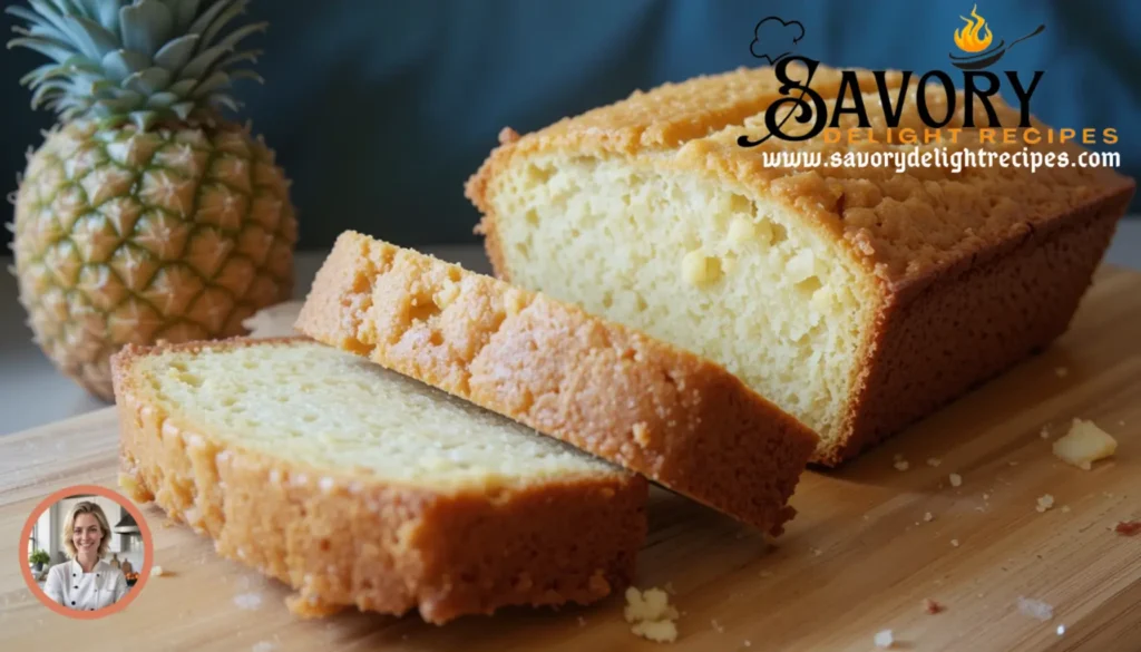 A freshly baked loaf of pineapple quick bread on a wooden cutting board, surrounded by fresh pineapple slices and a knife for serving.