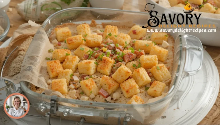Golden chicken bacon ranch tater tot casserole topped with melted cheese and garnished with fresh parsley, served in a baking dish.