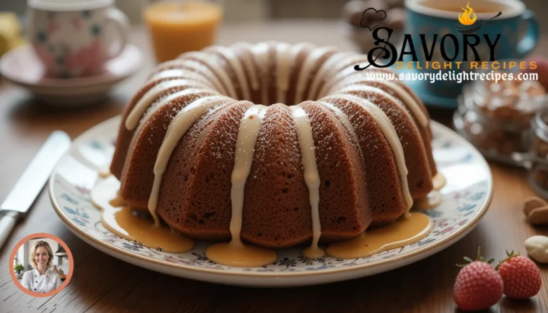 A delicious bundt cake breakfast with powdered sugar topping served on a rustic wooden table.