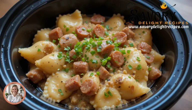 A hearty crockpot pierogi casserole with kielbasa, featuring layers of pierogies, creamy cheese sauce, and sliced smoked kielbasa.