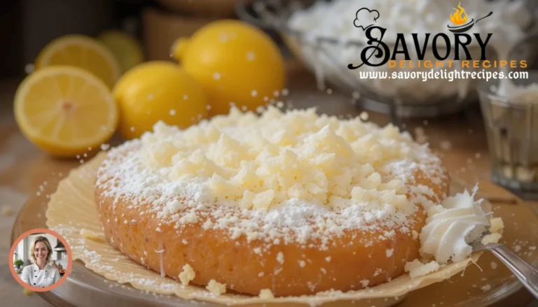 A close-up shot of a freshly baked lemon dump cake, topped with golden brown crust and served in a white dish. Perfect for easy dessert lovers looking for a lemon dump cake mix recipe.
