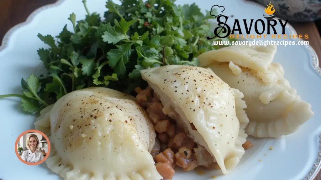 Golden-brown kielbasa pierogi topped with sautéed onions and melted butter.