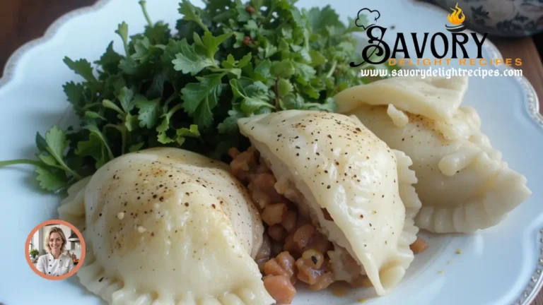 Golden-brown kielbasa pierogi topped with sautéed onions and melted butter.