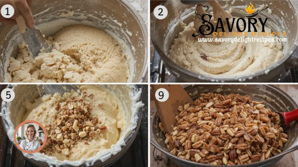 Butter pecan praline poke cake topped with creamy frosting and chopped pecans.