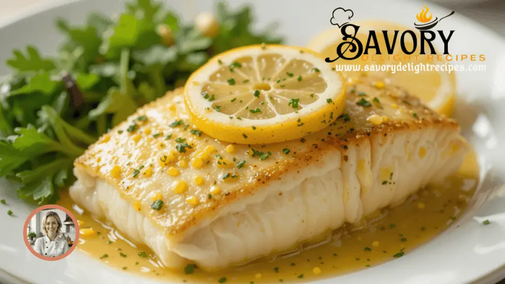 A plate of lemon butter baked cod garnished with fresh parsley and served with steamed vegetables on a rustic wooden table.