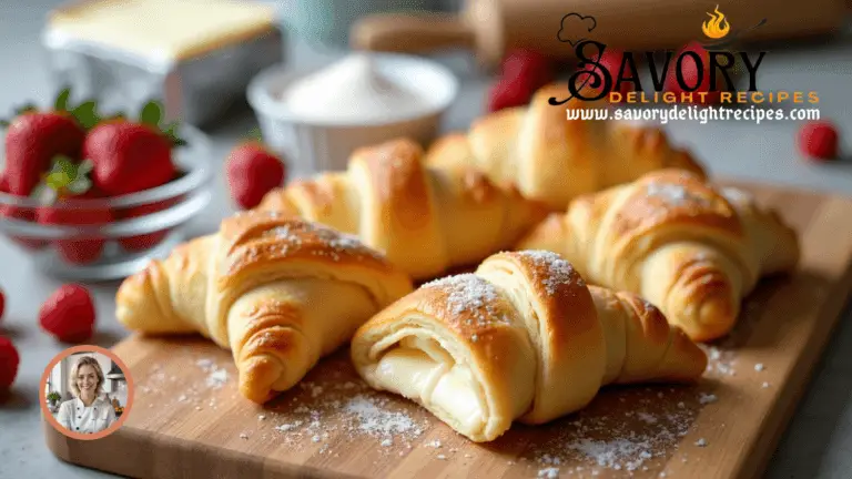 A close-up of a golden-brown cheesecake crescent roll, filled with creamy cheesecake and drizzled with powdered sugar.