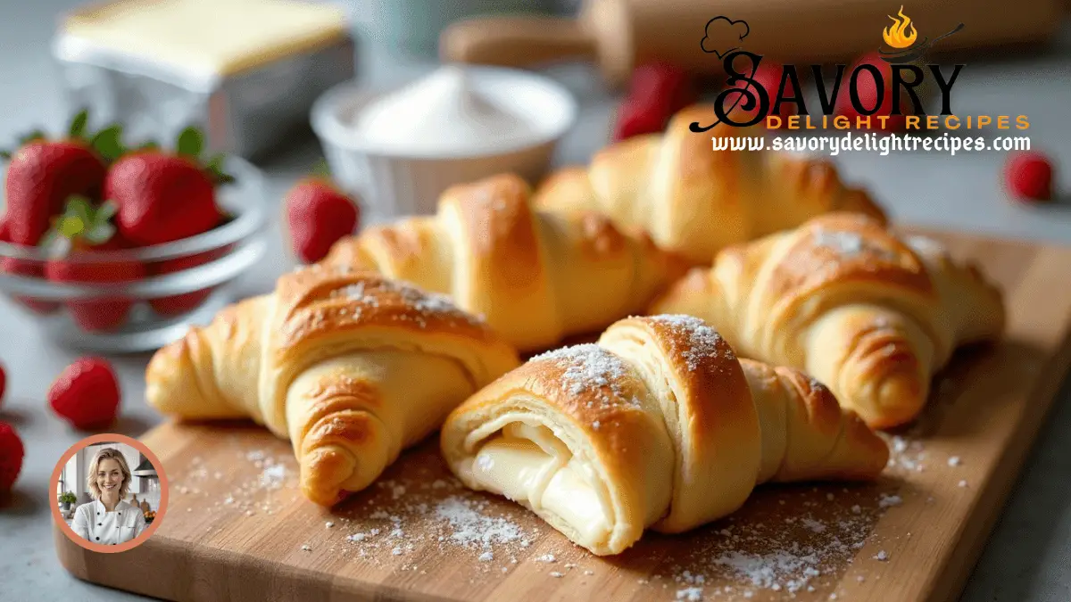 A close-up of a golden-brown cheesecake crescent roll, filled with creamy cheesecake and drizzled with powdered sugar.