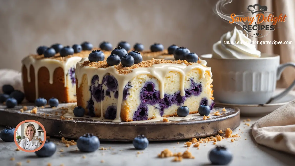Freshly baked blueberry cream cheese coffee cake topped with a golden crumb layer.