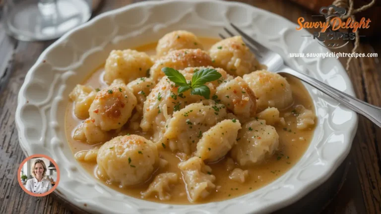 A bowl of homemade Cracker Barrel Chicken and Dumplings with tender chicken and fluffy dumplings served on a rustic wooden table.