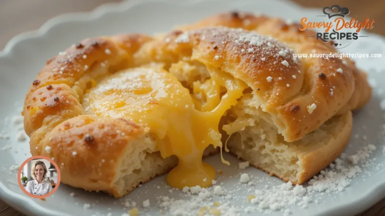 Golden-brown cheese danish with flaky pastry layers and creamy filling, dusted with powdered sugar on a white plate.