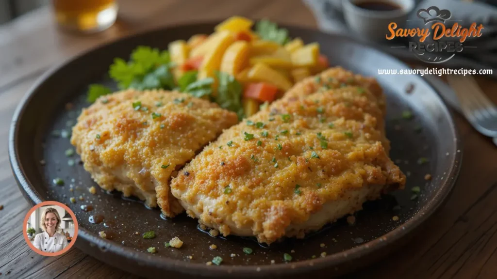 A golden-brown chicken breast coated in a crispy Parmesan crust, garnished with fresh herbs and served on a white plate.