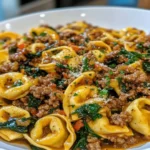 Plate of garlic butter beef and spinach tortellini topped with creamy sauce and herbs