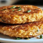 Golden tuna melt patties with melted cheese, served hot with herbs on a plate.