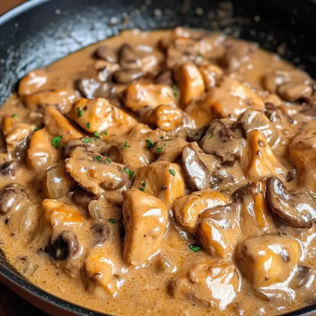 Craving comfort food? Make this easy Creamy Skillet Chicken Stroganoff with Mushrooms in 3 simple steps! Discover the recipe now.