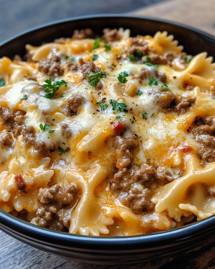 Enjoy Easy Garlic Butter Bowtie Pasta with Cheddar Beef Sauce with easy steps and flavor tips Discover