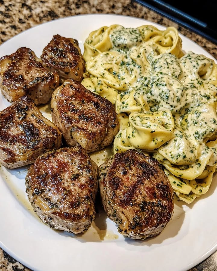 Indulge in Easy Garlic Butter Ribeye Bites with Pesto Alfredo Tortellini with easy steps and flavor tips Learn