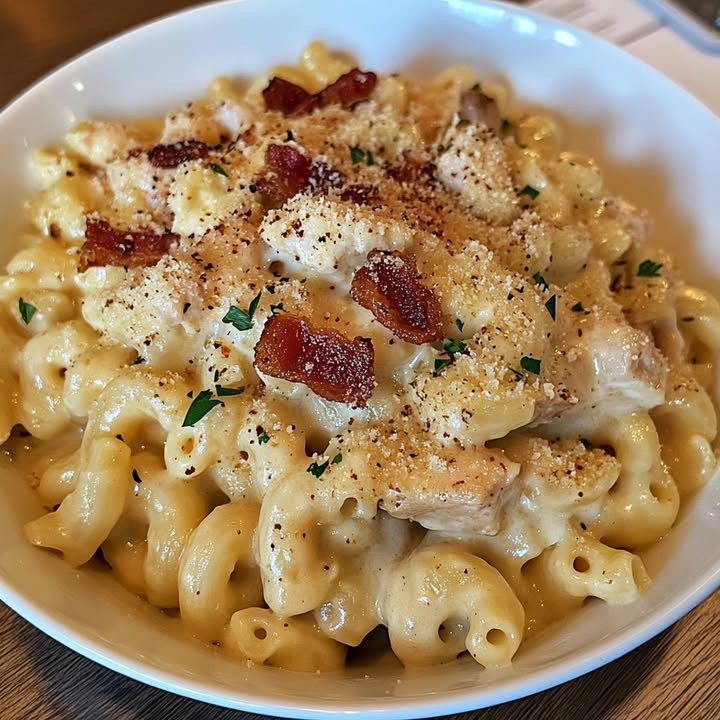 Ultimate comfort? How Parmesan Garlic Mac & Cheese with Bacon & Chicken Comforts layers mac, bacon, and chicken—Try.