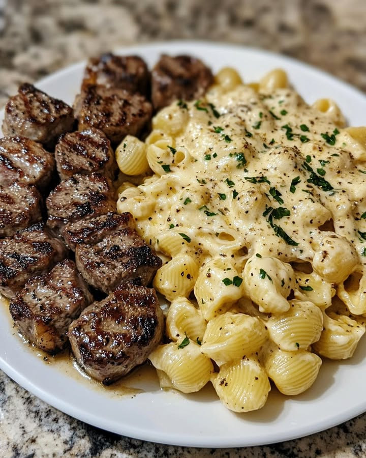 Craving Easy Parmesan Shell Pasta with Garlic Butter Steak Cubes with easy steps and flavor tips Discover