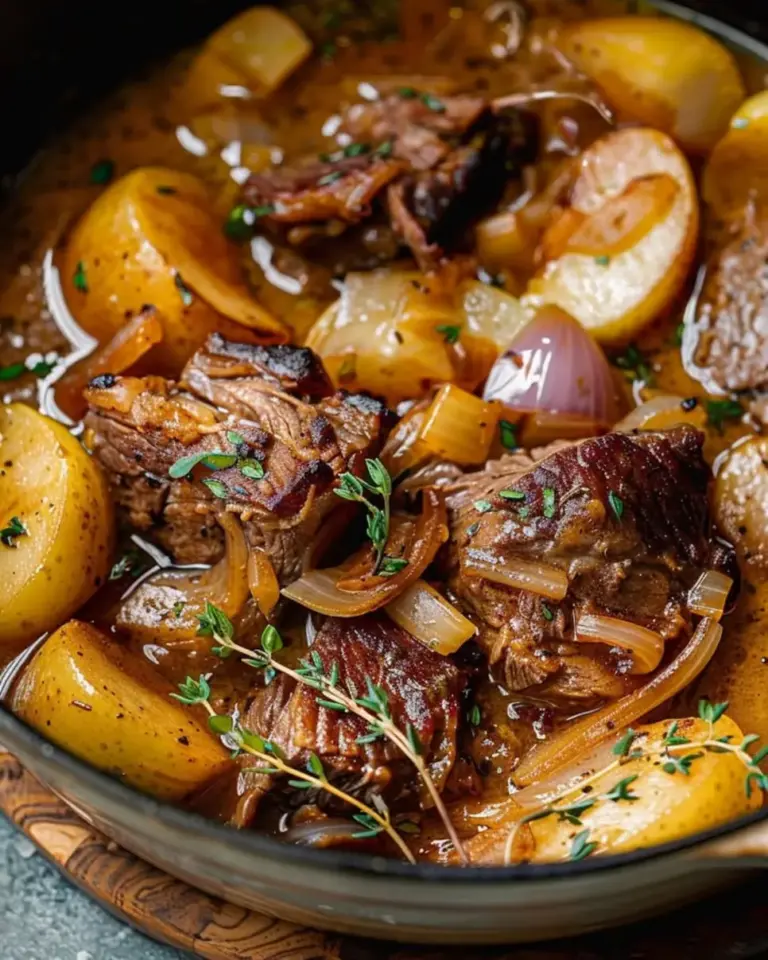 Cider Braised Beef with Apples Onions