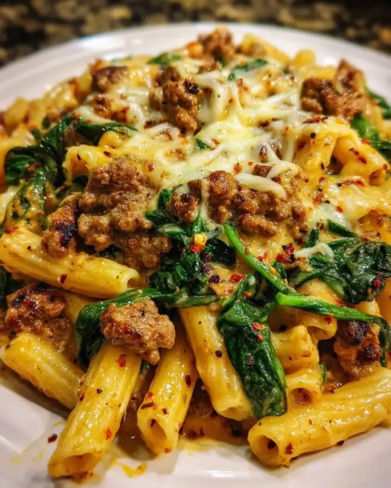 Creamy Garlic Beef and Spinach Pasta