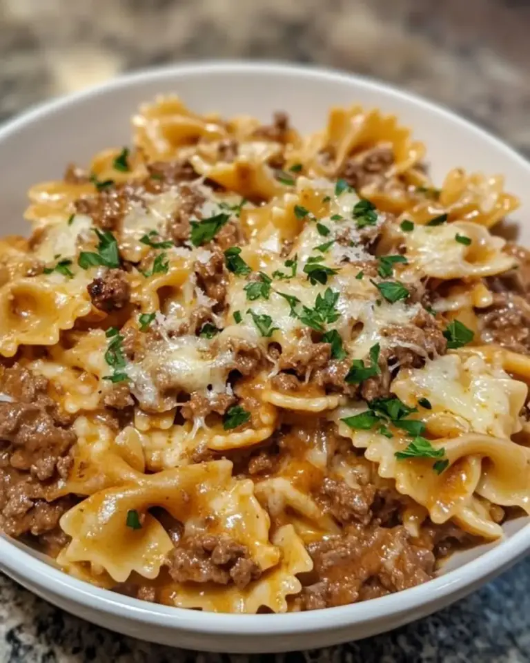 Creamy Ground Beef Bowtie Alfredo Pasta