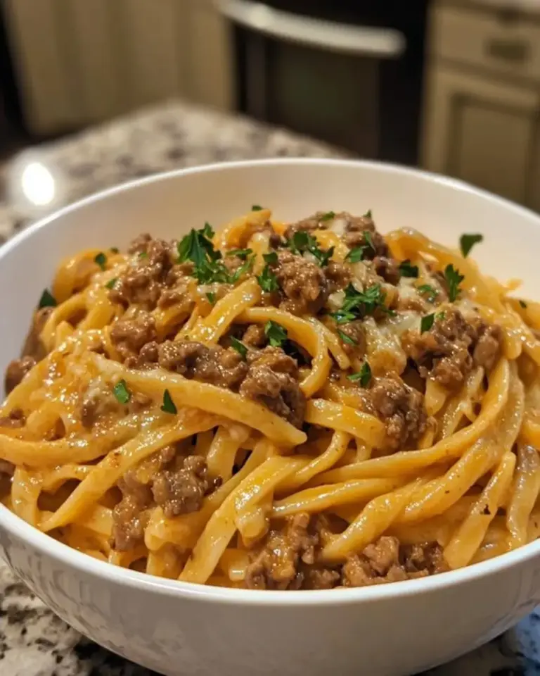 Garlic Butter Ground Beef Linguine Parmesan
