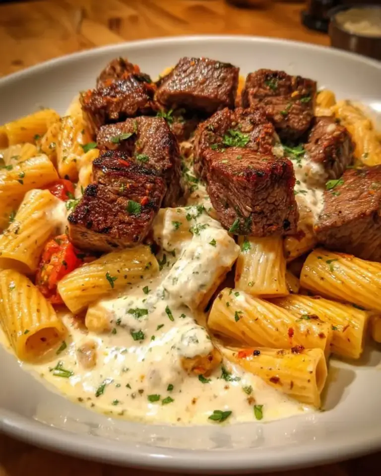 Garlic Butter Steak Tips Cheesy Rigatoni